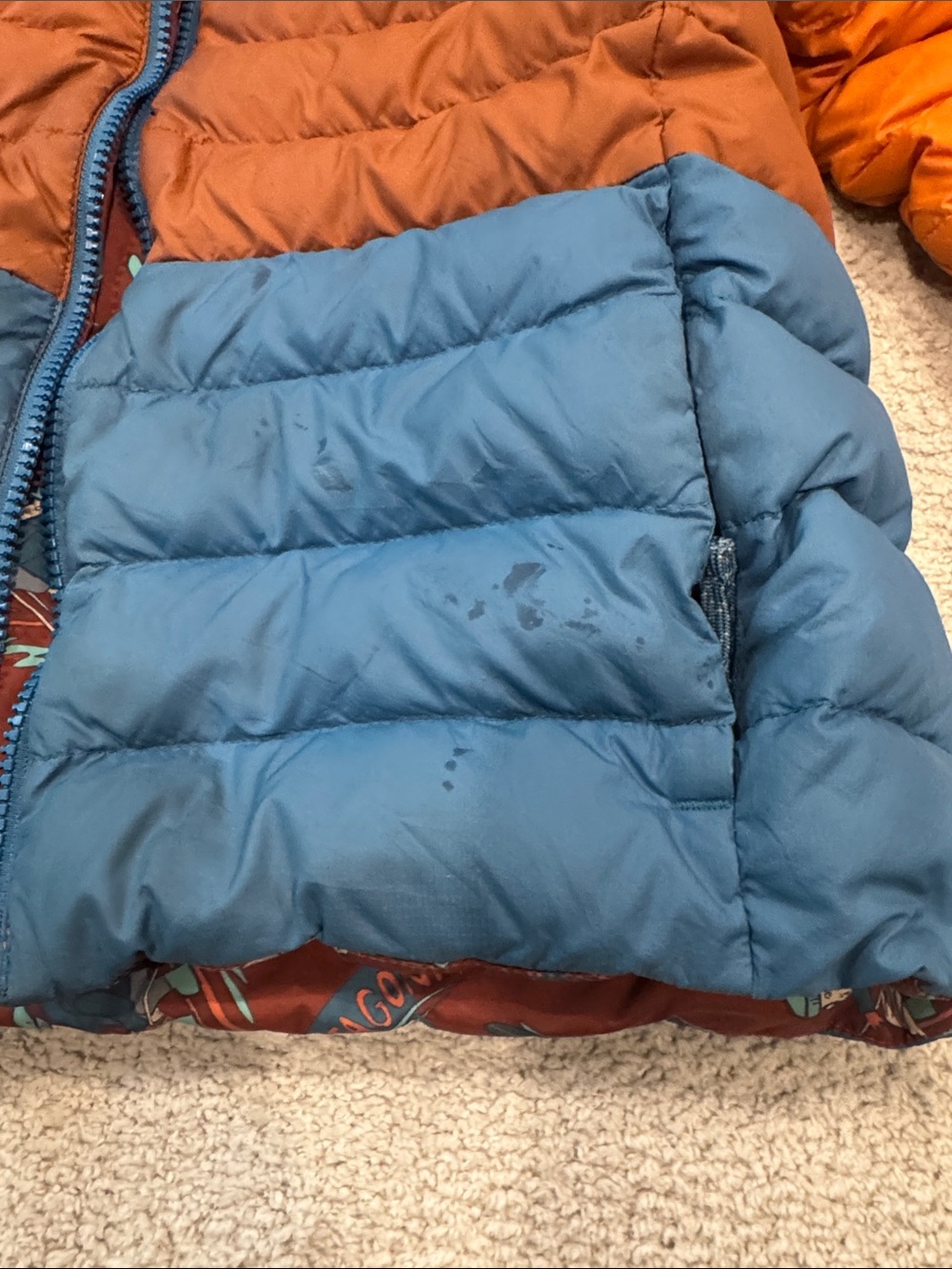 Patagonia Orange, Brown & Blue Hooded Puffer Jacket - Picture 3 of 10
